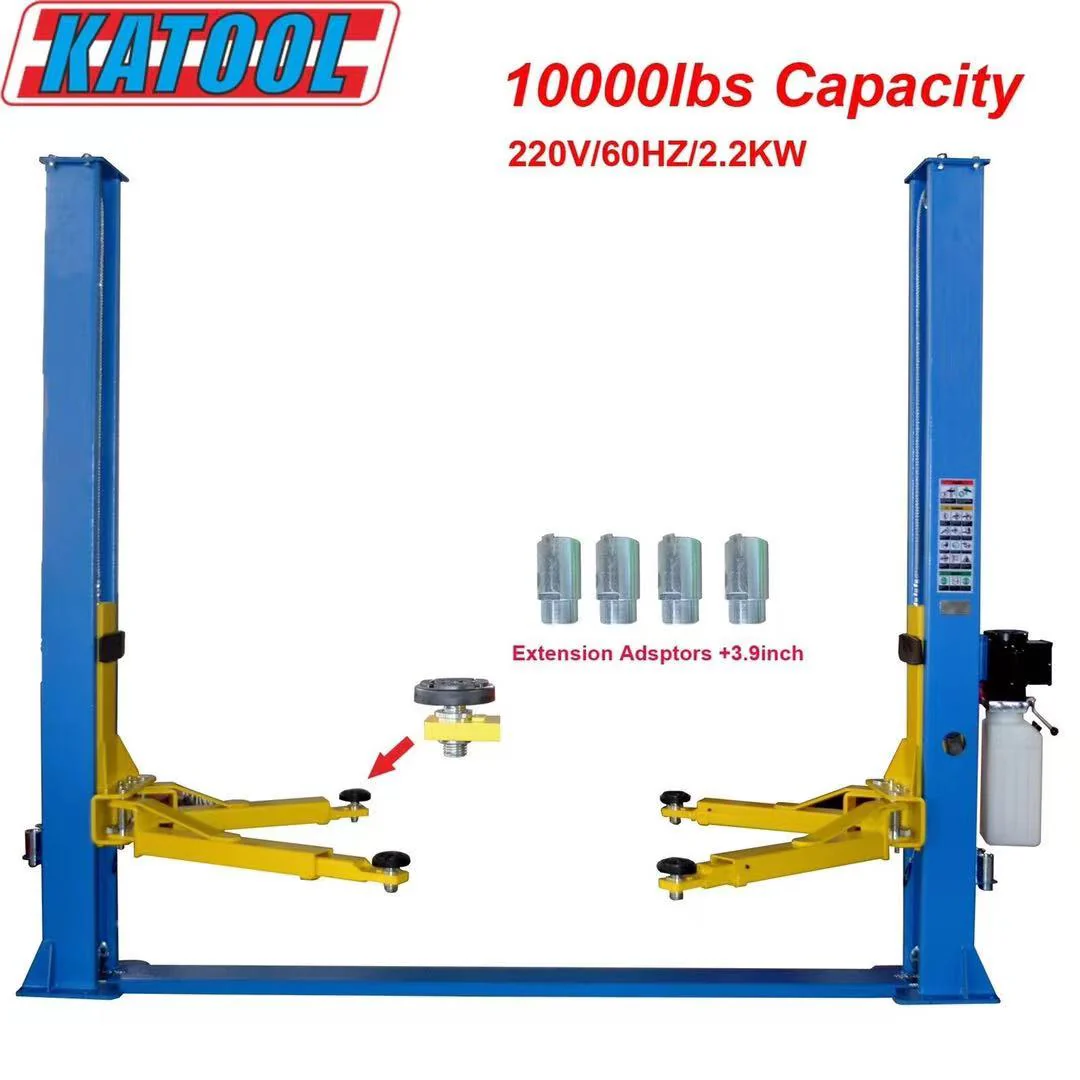 Two-post lift with Katool branding and specifications on a white background