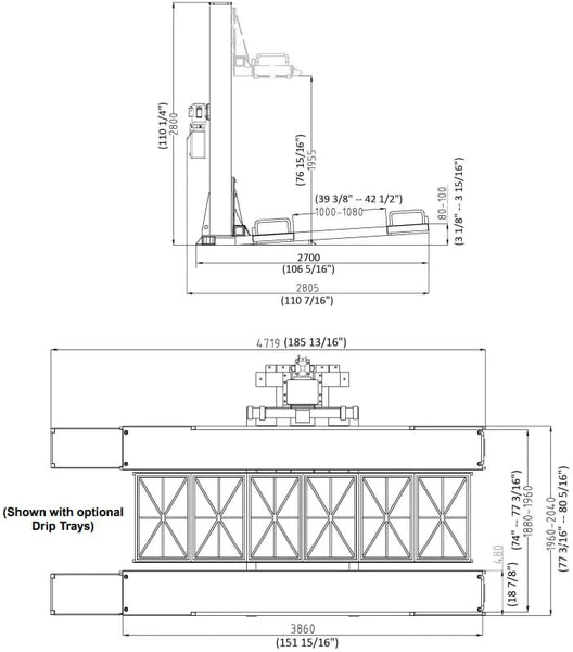 Tuxedo SP-6K-SS 6,000 lb Single Post Storage Lift Dimensions