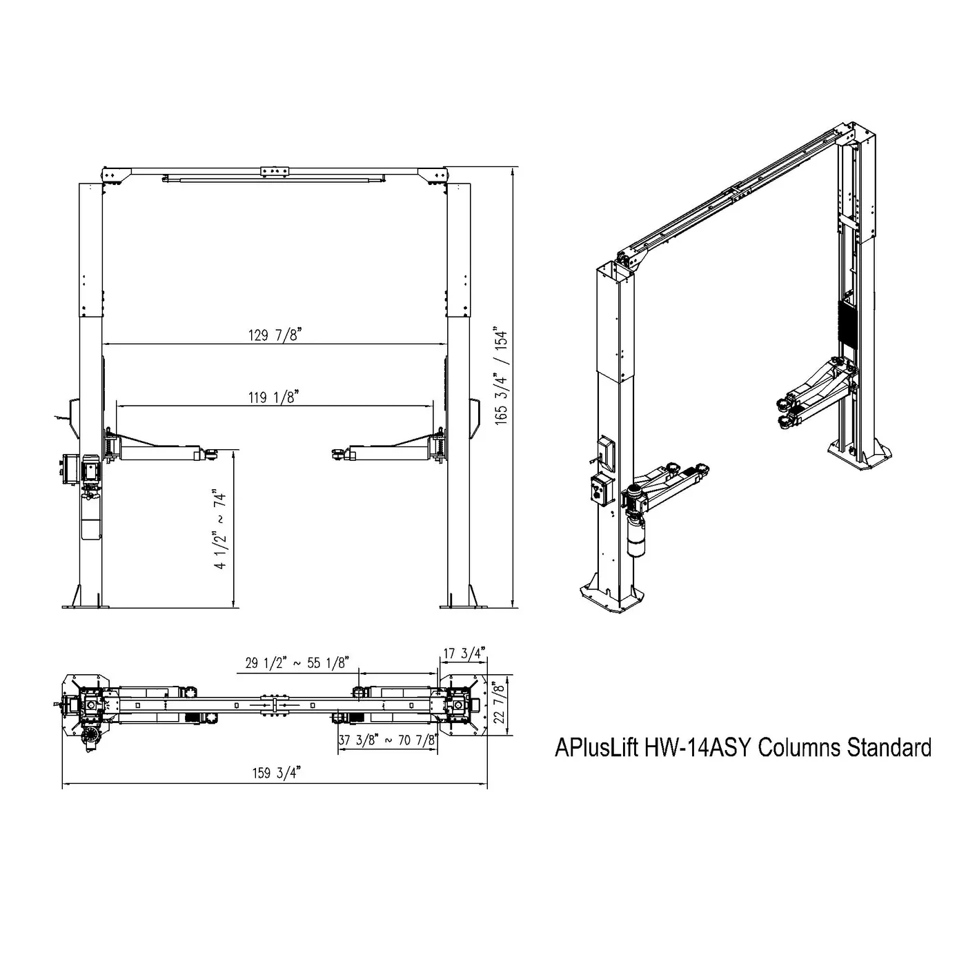 APlusLift 14,000LB 2-Post Overhead Symmetrical and Truly Asymmetrical Single Release Car Lift with 3 Year Warranty - HW-14ASY