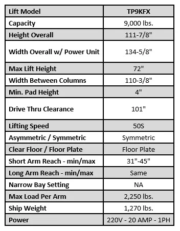 Tuxedo Light Duty 9,000 lbs. 2-Post Lift Floor Plate - Symmetric - TP9KFX