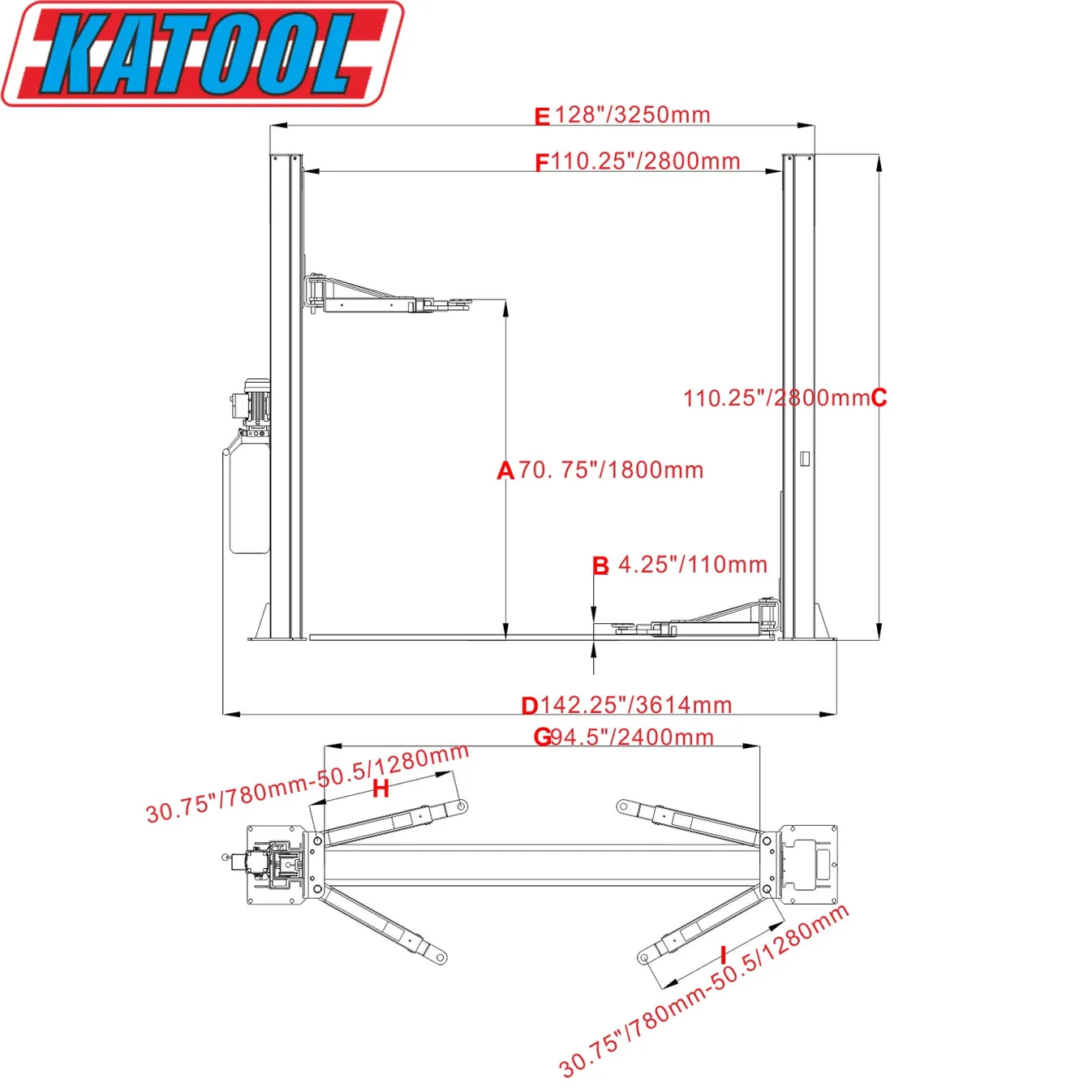 Katool KT-H100 Two-Post Vehicle Lift – 10,000 lbs Capacity