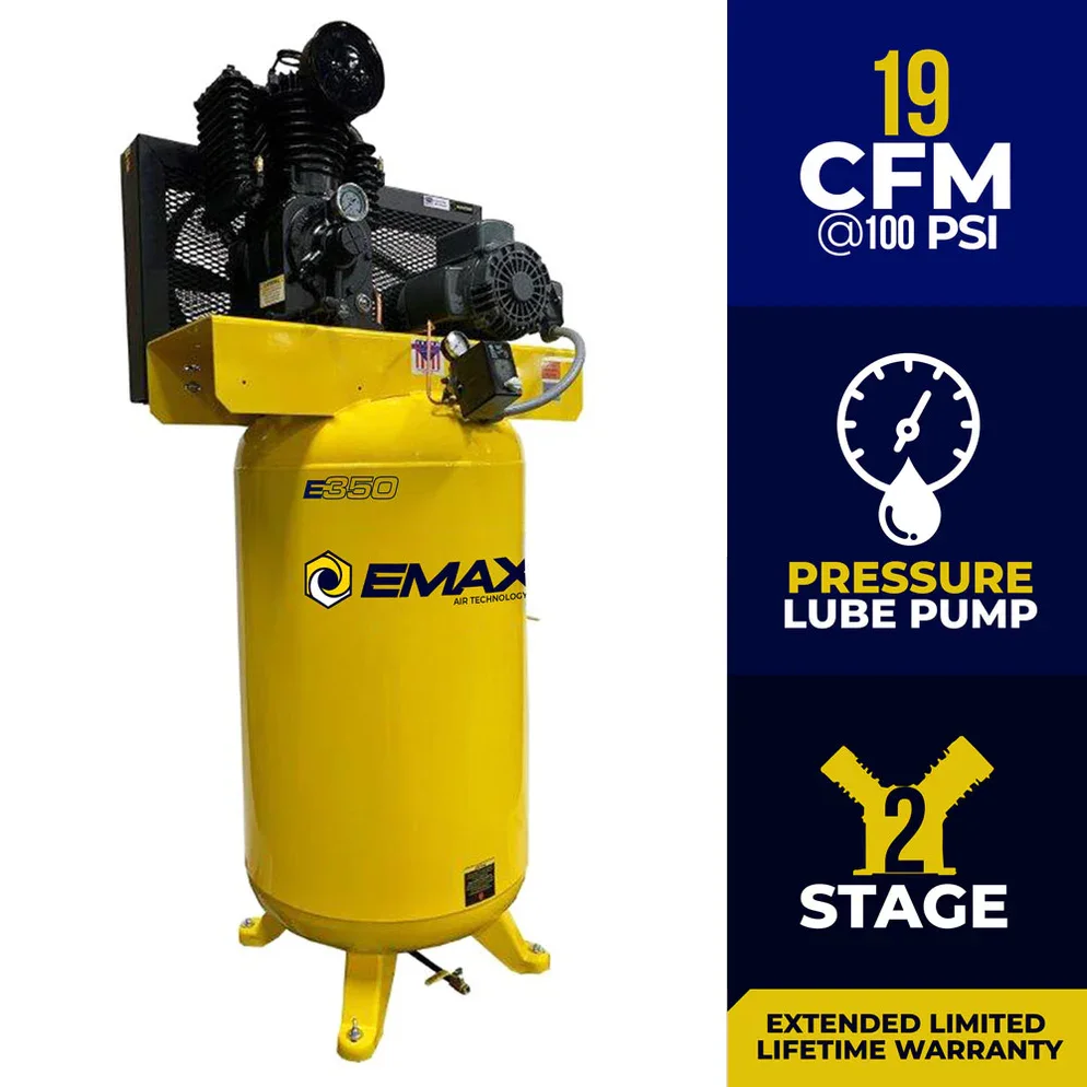 EMAX EI05V080I1 EMAX INDUSTRIAL 5HP 19CFM 1- PHASE 2-STAGE 80 GAL. VERTICAL STATIONARY ELECTRIC AIR COMPRESSOR-W/ PRESSURE LUBE PUMP / W/ ISOLATOR PADS