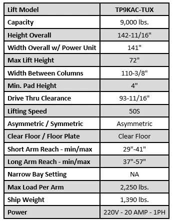 Tuxedo 9,000 lbs. Light Duty 2-Post Clear Floor - Asymmetric - TP9KAC-TUX