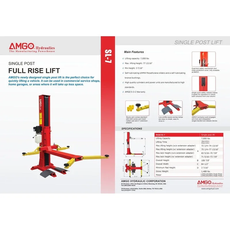 AMGO SL-7 7,000 lbs Single Post Lift