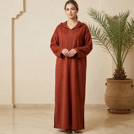 جلابية شتوية بنية بكابيشو وزواقة رقيقة قدّام