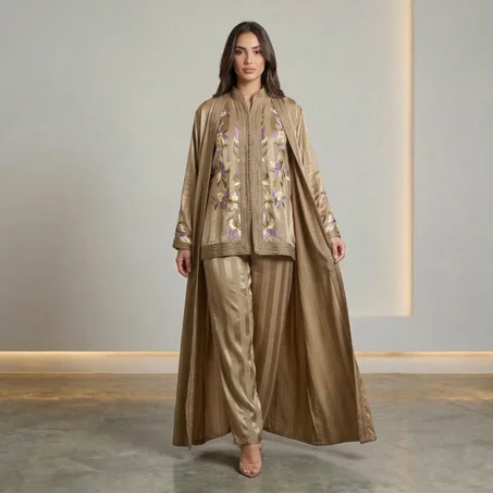 طقم ثلاثي فاخر ساتان مخطط مع قفطان مطرز مخيط يدوياً