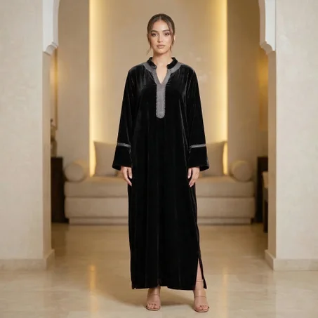 جلابة مخمل سوداء رقيقة على الرقبة مخيط يدوي | Tessutiara