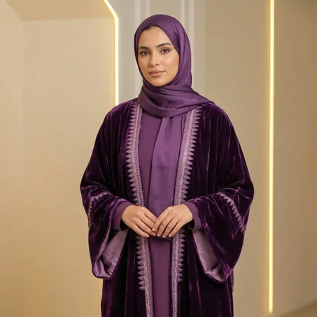 عباية مخمل بنفسجي مفتوحة بتصميم أنيق ولمسة فاخرة