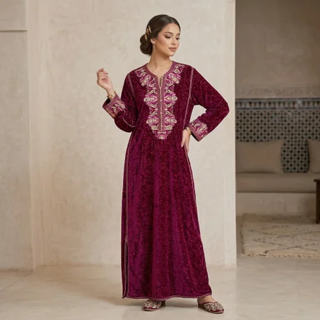 قفطان مخمل عنابي مطرز بزخارف تقليدية فاخرة مخيط يدوي | Tessutiara