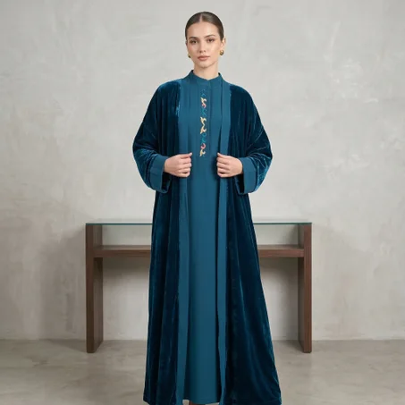 طقم "الرقيّ الهادئ": عباية مخمل ملكية مفتوحة مع فستان داخلي ✨