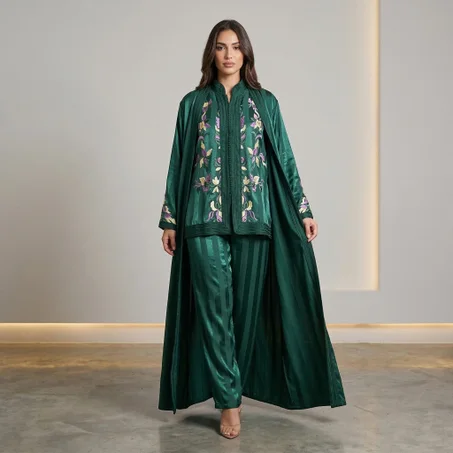 طقم ثلاثي ساتان أخضر مطرز بإطلالة مغربية راقية