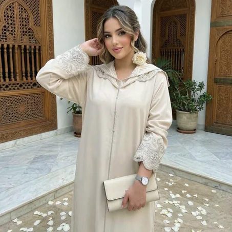 جلابة "الأصالة النبيلة": تناغم الكريب رويال مع فن الخياطة اليدوية الرفيعة 👑