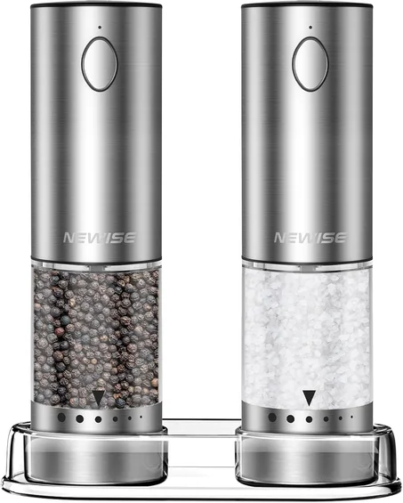 Newise Juego de molinillo eléctrico de sal y pimienta, regalo de cocina de Navidad, recargable con luces LED, molino automático de acero inoxidable, grosor ajustable, gran capacidad, plateado
