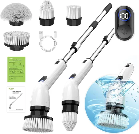TUYU - Limpiador eléctrico giratorio, limpiador de baño impermeable IPX7, con pantalla LCD de potencia, mango de extensión ajustable, cepillo de limpieza inalámbrico para baño, limpieza de co