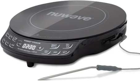 Nuwave Placa de inducción mejorada, control de 3 niveles de potencia, sonda de temperatura digital patentada, bobina de calentamiento grande de 8 pulgadas, vidrio cerámico a prueba de roturas