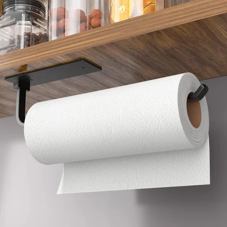 Soporte para toallas de papel - Autoadhesivo o con perforación, negro mate, dispensador de rollos de cocina de aluminio mejorado debajo del gabinete, ¡más ligero pero más fuerte que el acero