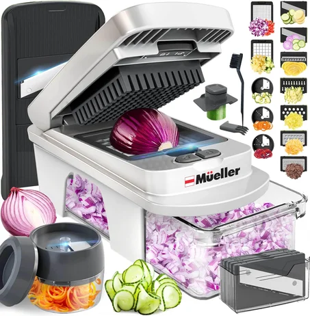 Mueller Pro-Series Todo en Uno, Rebanadora Mandolina de 12 Cuchillas para Cocina, Picador de Alimentos, Rebanador de Verduras y Espiralizador, Cortador, Cortador en Cubitos, Rallador, Juegos 
