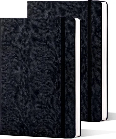 Paquete de 2 cuadernos rayados de tapa dura de cuero para hombres y mujeres, 160 páginas cada uno, papel grueso de 3.53 oz/m², cuaderno para trabajo y escritura diaria, tamaño grande A4 (negr