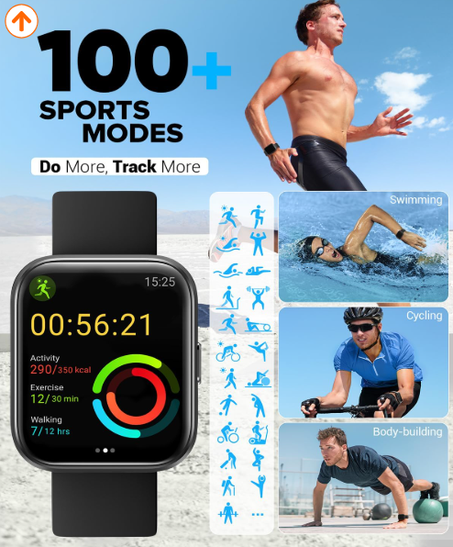 ساعة ذكية (الرد-اجراء المكالمات) للرجال والنساء من اياك، 1.69 انش تعمل باللمس وخاصية اليكسا مدمجة، لياقة بدنية مضادة للماء بتصنيف IP68 مع متتبع للنوم ومعدل ضربات القلب وضغط الدم والاوكسجين SP