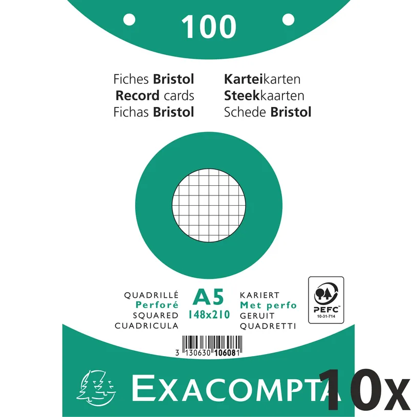 100 FICHES DE BRISTOL BLANC EXACOMPTA PETIT CARREAUX FORMAT 125X200