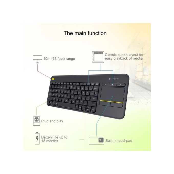 Logitech K400 Plus 2.4GHz Wireless Touch Control Keyboard, Wireless Range: 10m (NOIR)