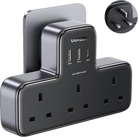 وجرين شريط الطاقة 6 في 1 واقي من زيادة التيار قابس تمديد متعدد المنافذ بثلاثة مقابس تيار متردد شاحن سريع USB C بثلاثة منافذ USB، محطة شحن تايب سي ثلاثية المقابس في المملكة المتحدة للمطبخ