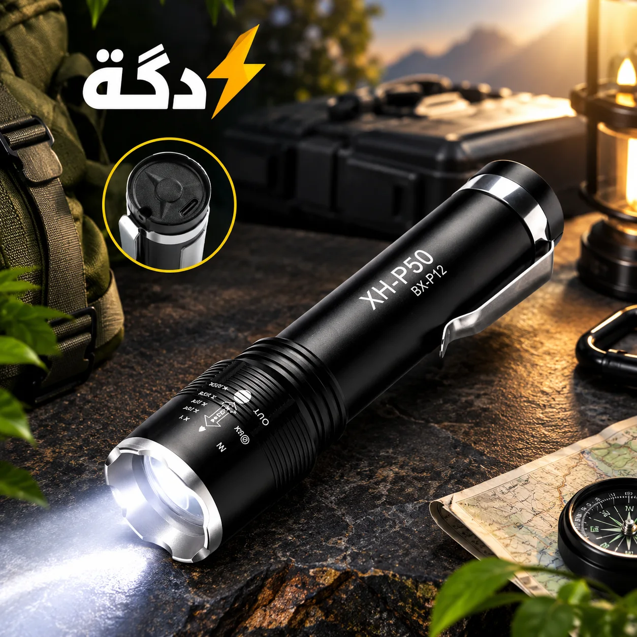مصباح P50 التاكتيكي 2×1 ⚡ مدى خارق 1500 متر + كشاف جانبي للطوارئ
