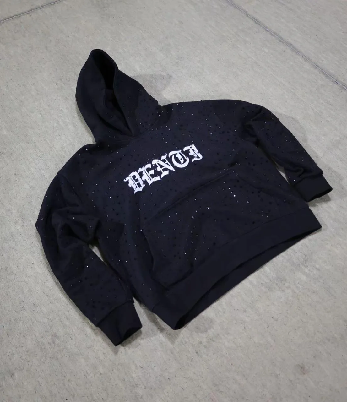 Hoodie – Black Cotton & Rhinestones