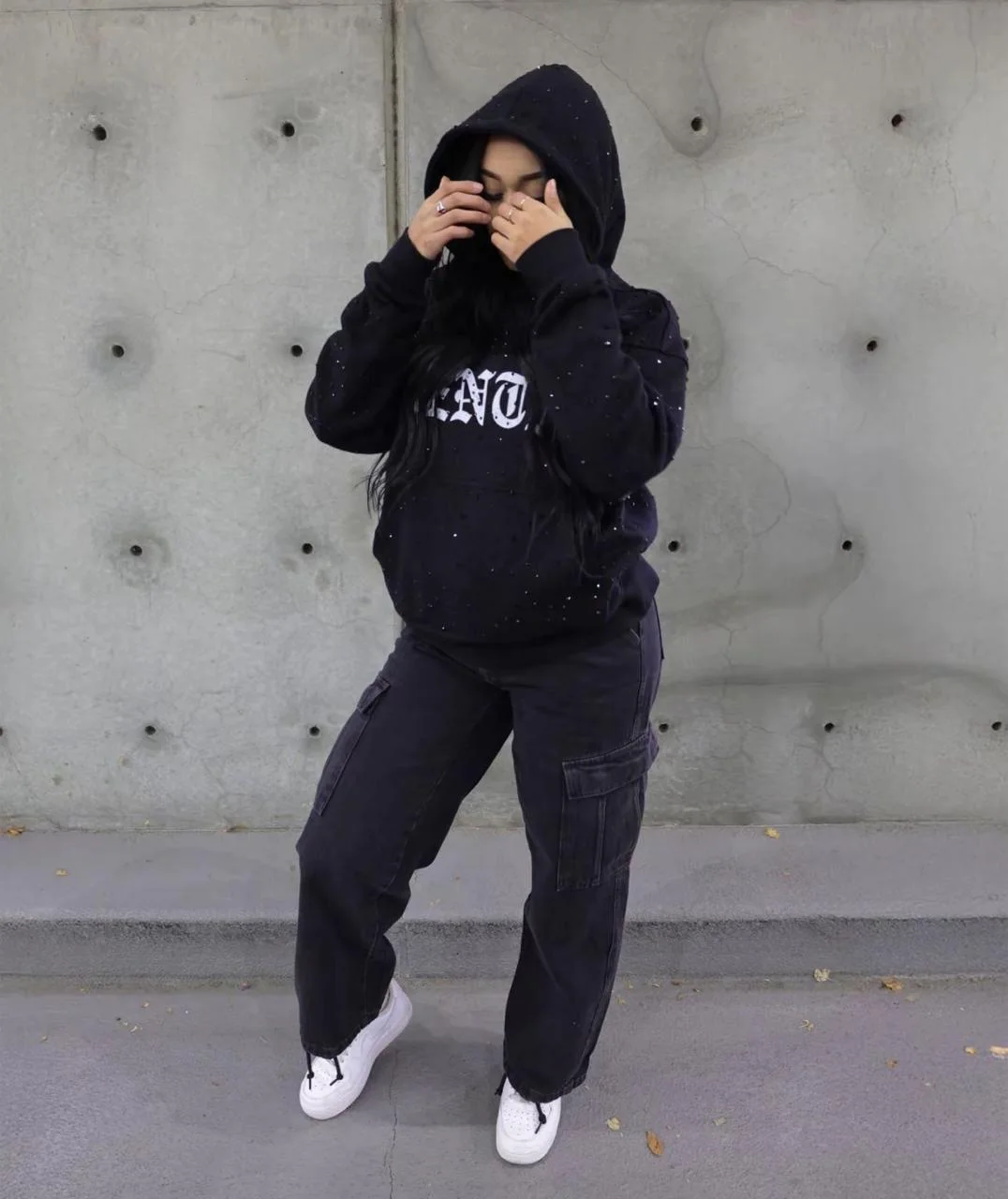 Hoodie – Black Cotton & Rhinestones