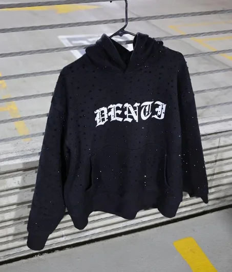 Hoodie – Black Cotton & Rhinestones