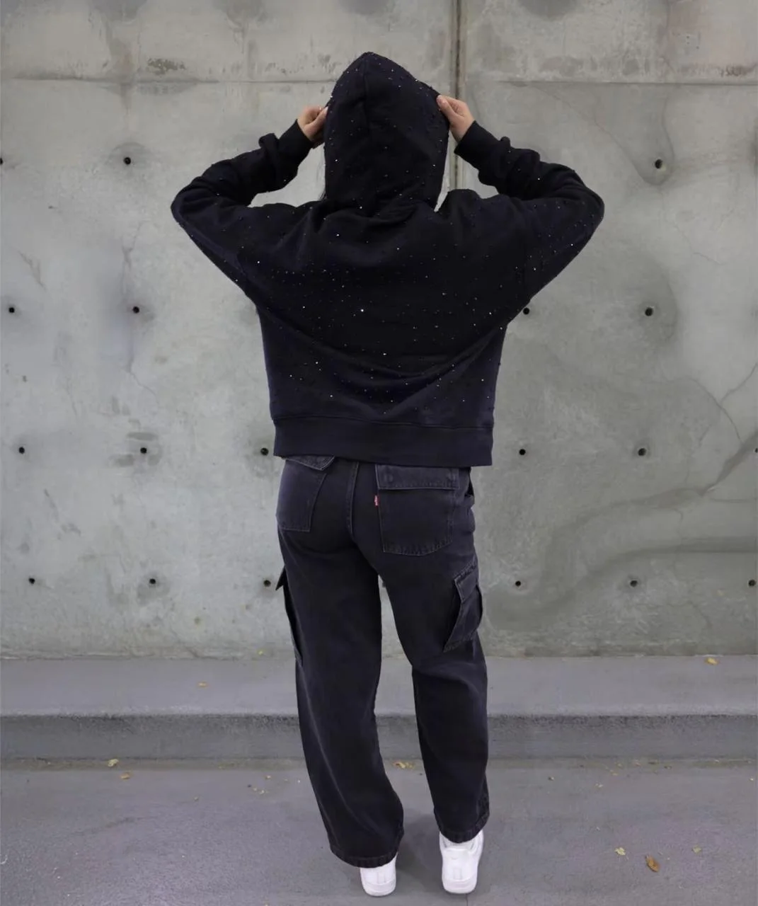 Hoodie – Black Cotton & Rhinestones