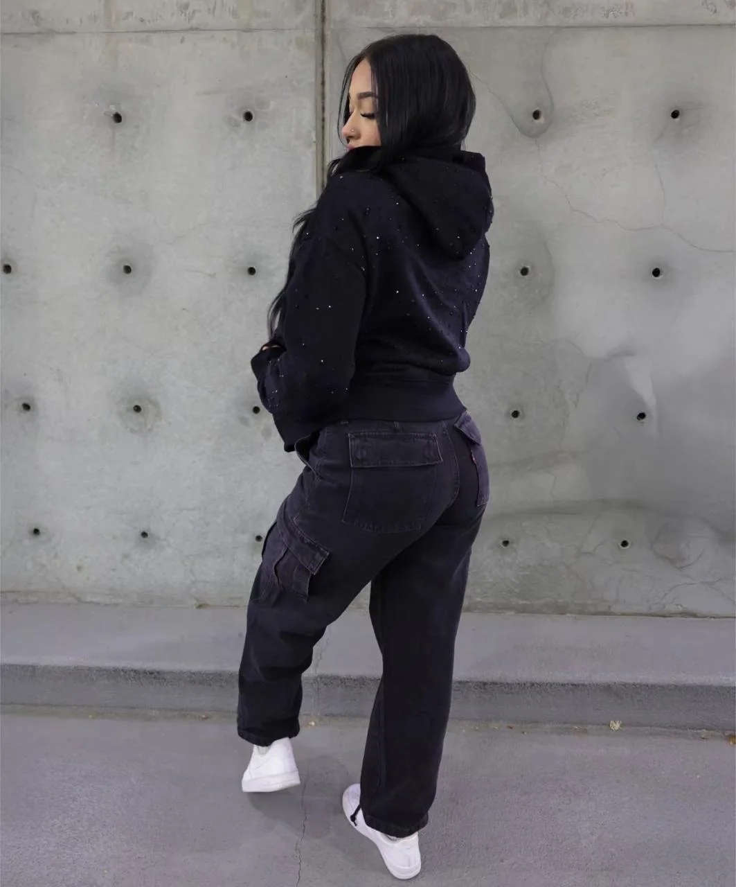 Hoodie – Black Cotton & Rhinestones