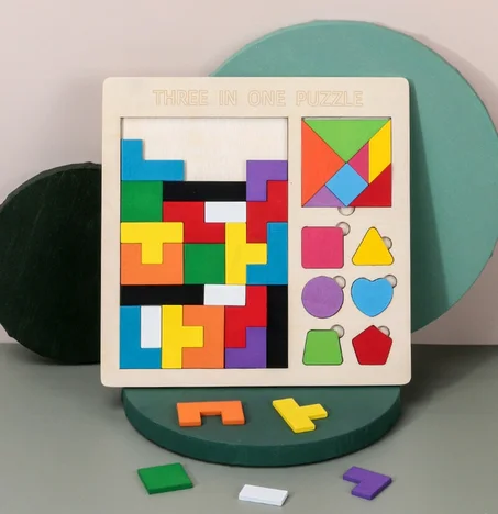 لغز خشبي تعليمي ثلاثة الأبعاد 3 في 1