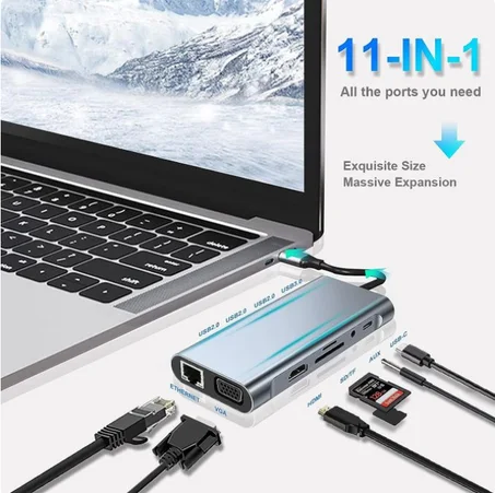 Adaptateur 11 en 1 USB C 3.0, hub Type C vers 4K compatible HDMI VGA RJ45 Lan Ethernet carte SD/TF 87W PD S6,