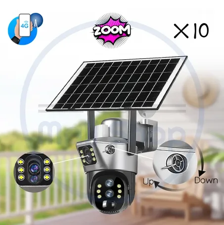 كاميرا مراقبة بالطاقة الشمسية 6K ثلاثية العدسة بدقة 12 ميجابكسل 4G Zoom Optique X10