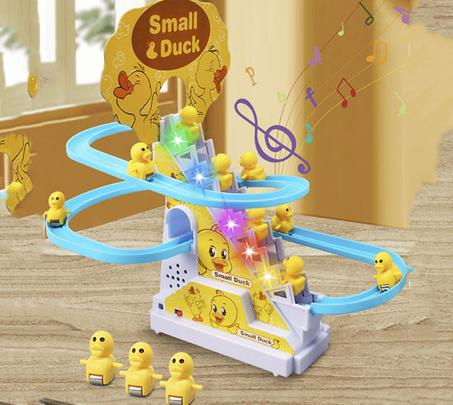 Petits Canards montant les escaliers, Jouet coulissant sur piste, Montagnes russes, Lumières clignotantes, Musique, Bouton marche/arrêt