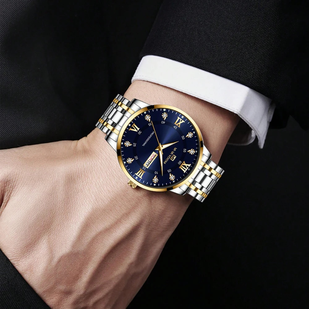 Luxuriöse Herrenarmbanduhr – Edelstahl | Gold & Silber | Leuchtzeiger | Datum & Wochentag | Wasserdicht | Business & Freizeit