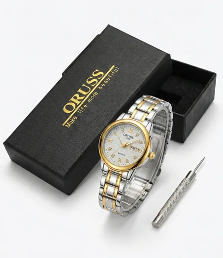 Wunderschöne ORUSS Damen Armbanduhr | Bicolor | Kristalle & Datum | Neu & OVP