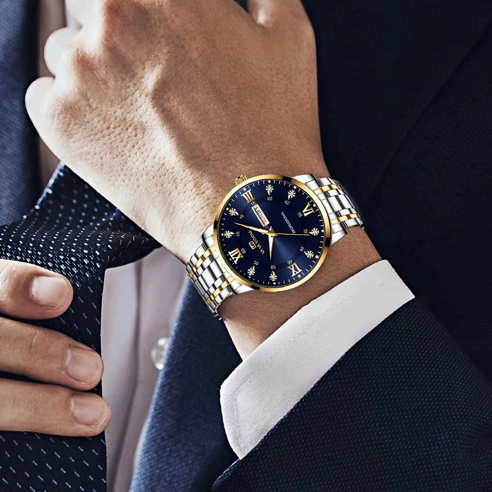 Luxuriöse Herrenarmbanduhr – Edelstahl | Gold & Silber | Leuchtzeiger | Datum & Wochentag | Wasserdicht | Business & Freizeit