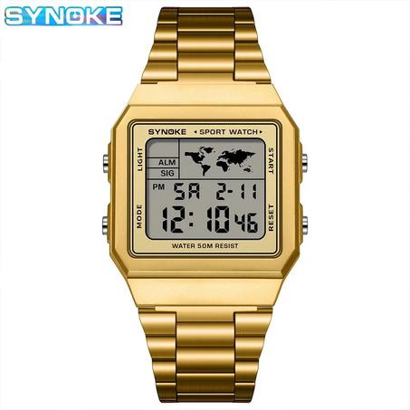 SYNOKE Retro Digitaluhr Herren – Edelstahlarmband, LED Licht & 50M Wasserdicht (Silber und Gold)
