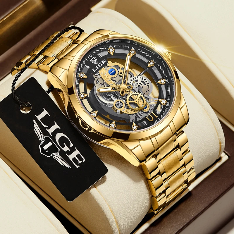 LIGE Herren Automatikuhr 2025 – Goldene Skelett-Uhr im Vintage-Look, Luxusmarke mit Sichtbarem Uhrwerk