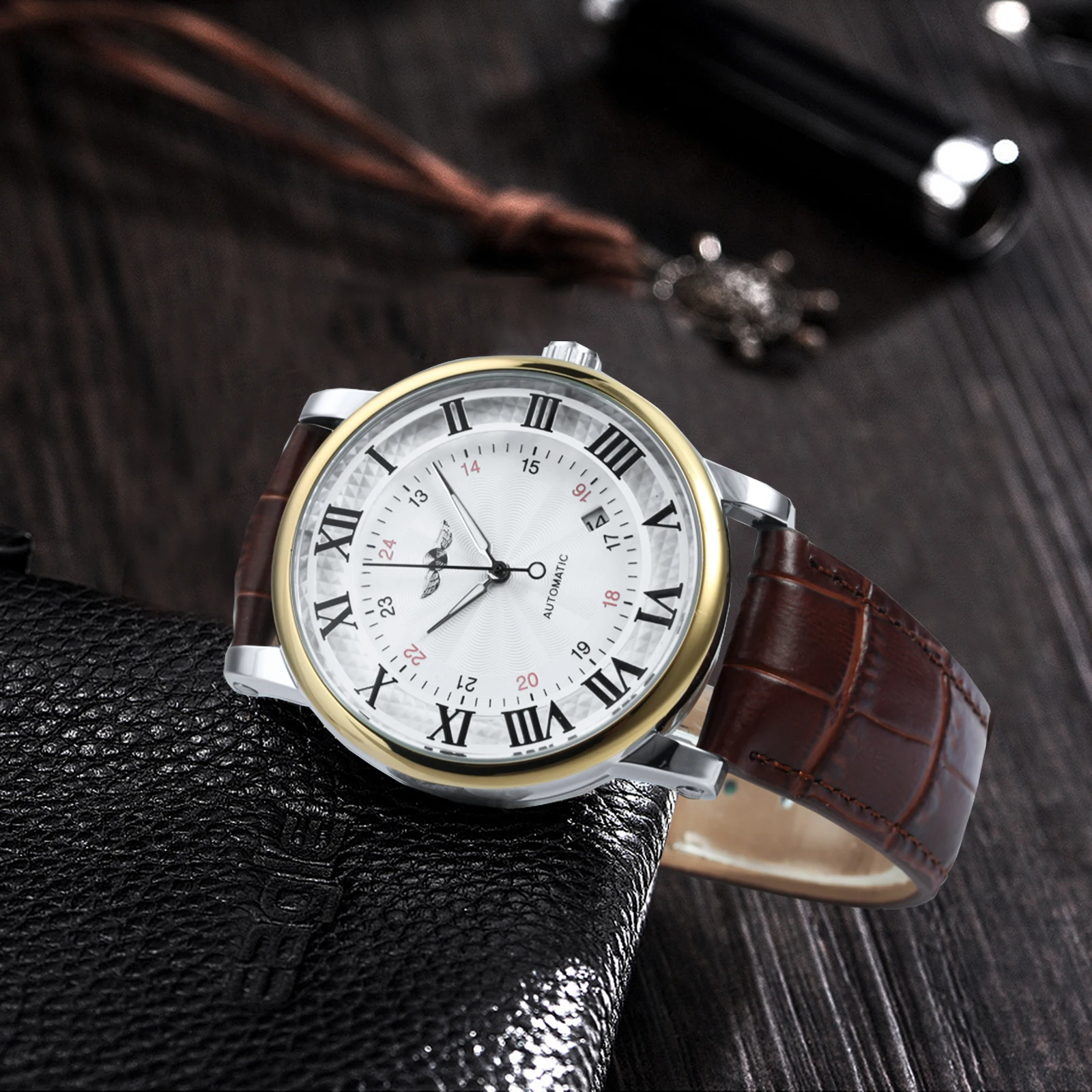 WINNER Herren Automatikuhr – Mechanische Armbanduhr mit Datumsanzeige, Minimalistisches Design, Braun Lederarmband