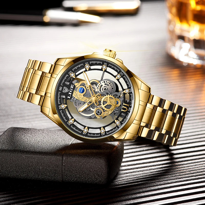 LIGE Herren Automatikuhr 2025 – Goldene Skelett-Uhr im Vintage-Look, Luxusmarke mit Sichtbarem Uhrwerk