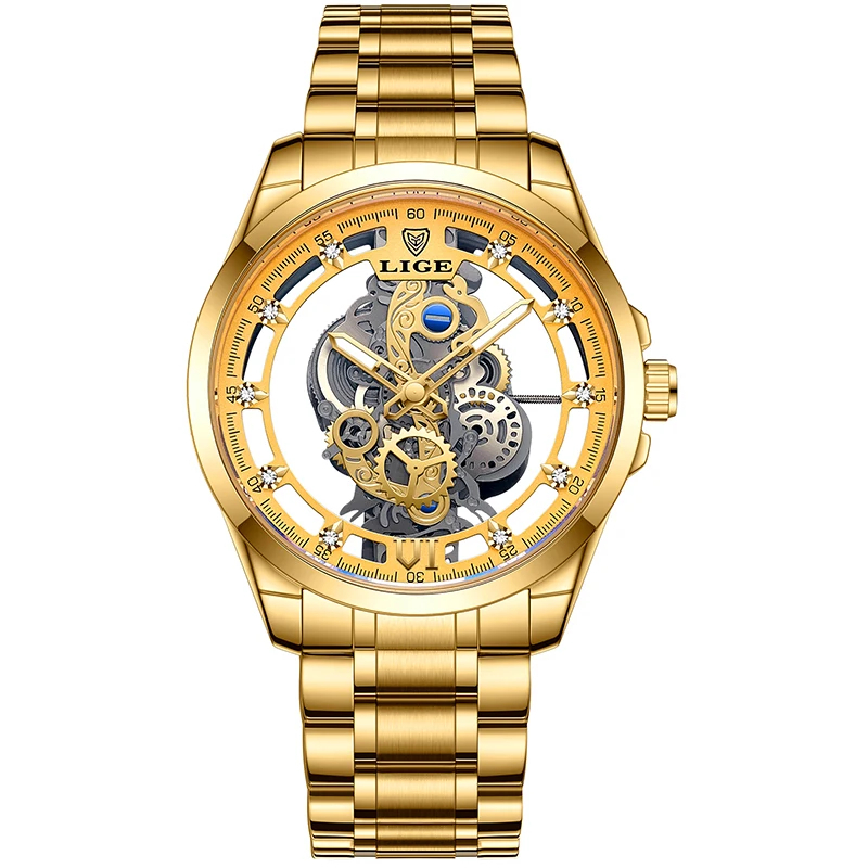 LIGE Herren Automatikuhr 2025 – Goldene Skelett-Uhr im Vintage-Look, Luxusmarke mit Sichtbarem Uhrwerk