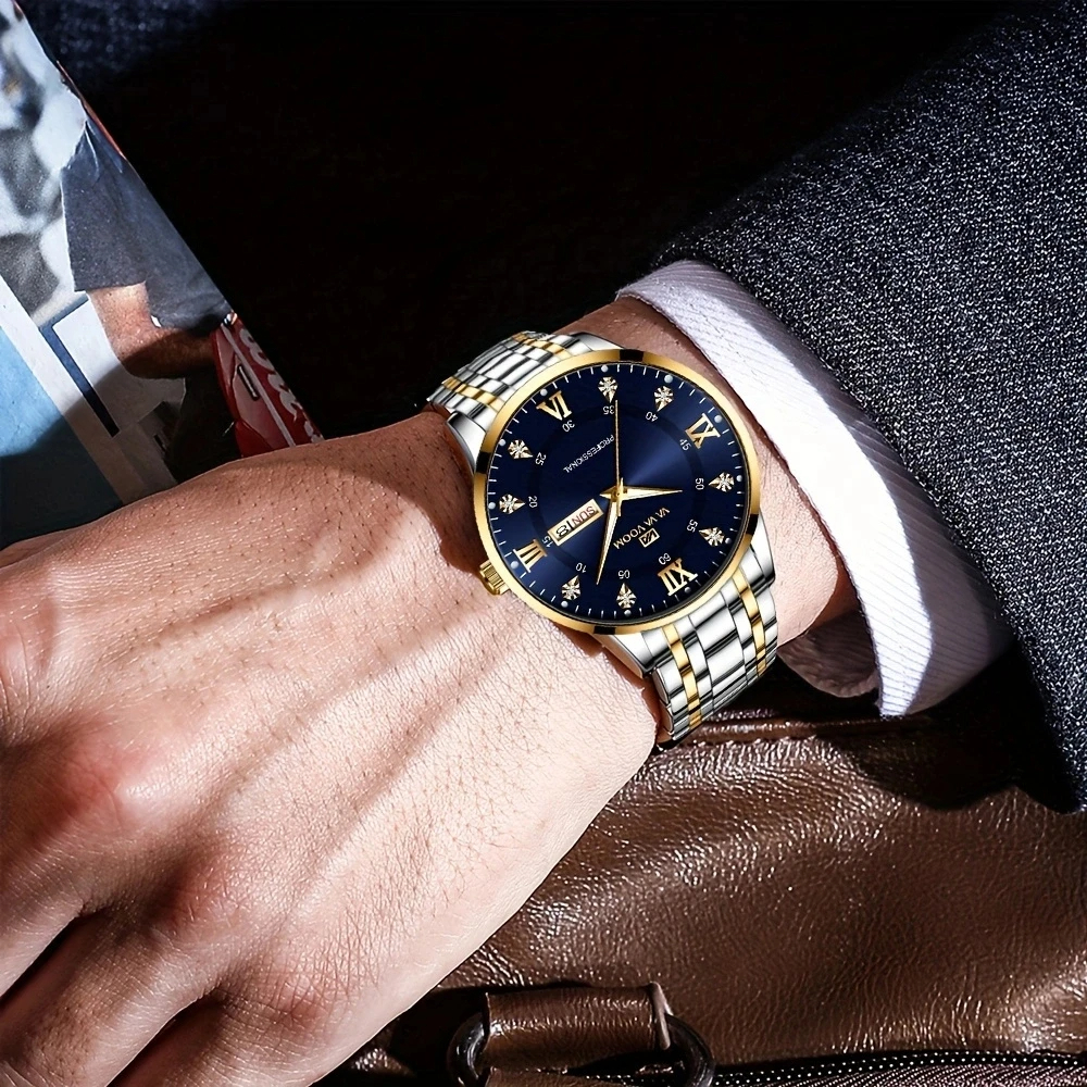 Luxuriöse Herrenarmbanduhr – Edelstahl | Gold & Silber | Leuchtzeiger | Datum & Wochentag | Wasserdicht | Business & Freizeit