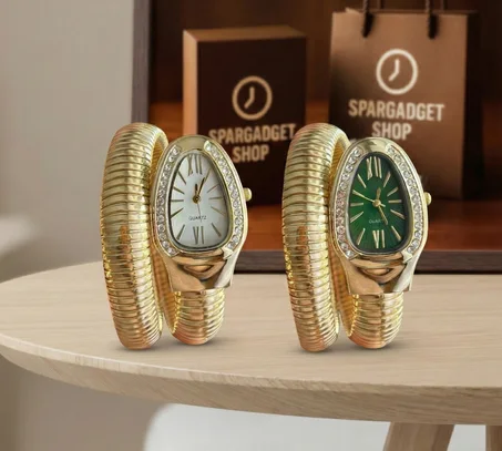 Exklusive Damen-Wickeluhr im Schlangen-Design – Gold Edition mit Kristall-Besatz