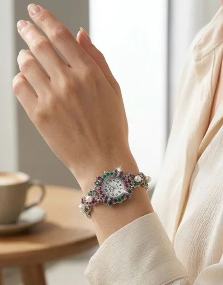 Elegante Damenarmbanduhr Schmuckuhr Vintage-Stil Kristalle Perlen Quarz