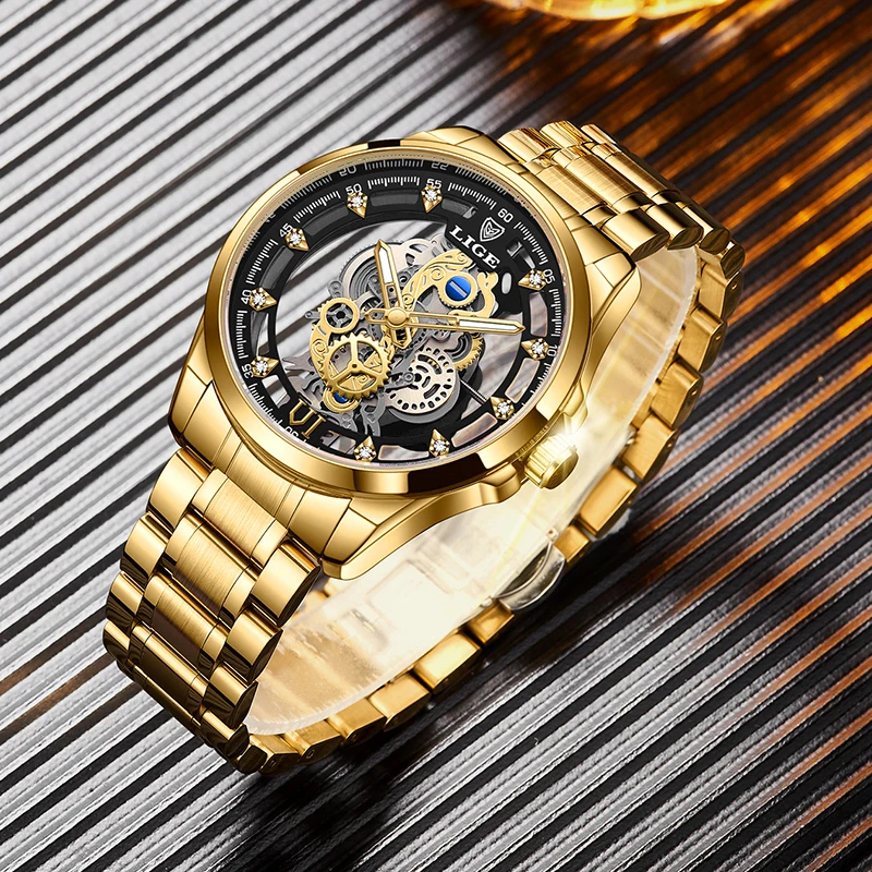 LIGE Herren Automatikuhr 2025 – Goldene Skelett-Uhr im Vintage-Look, Luxusmarke mit Sichtbarem Uhrwerk