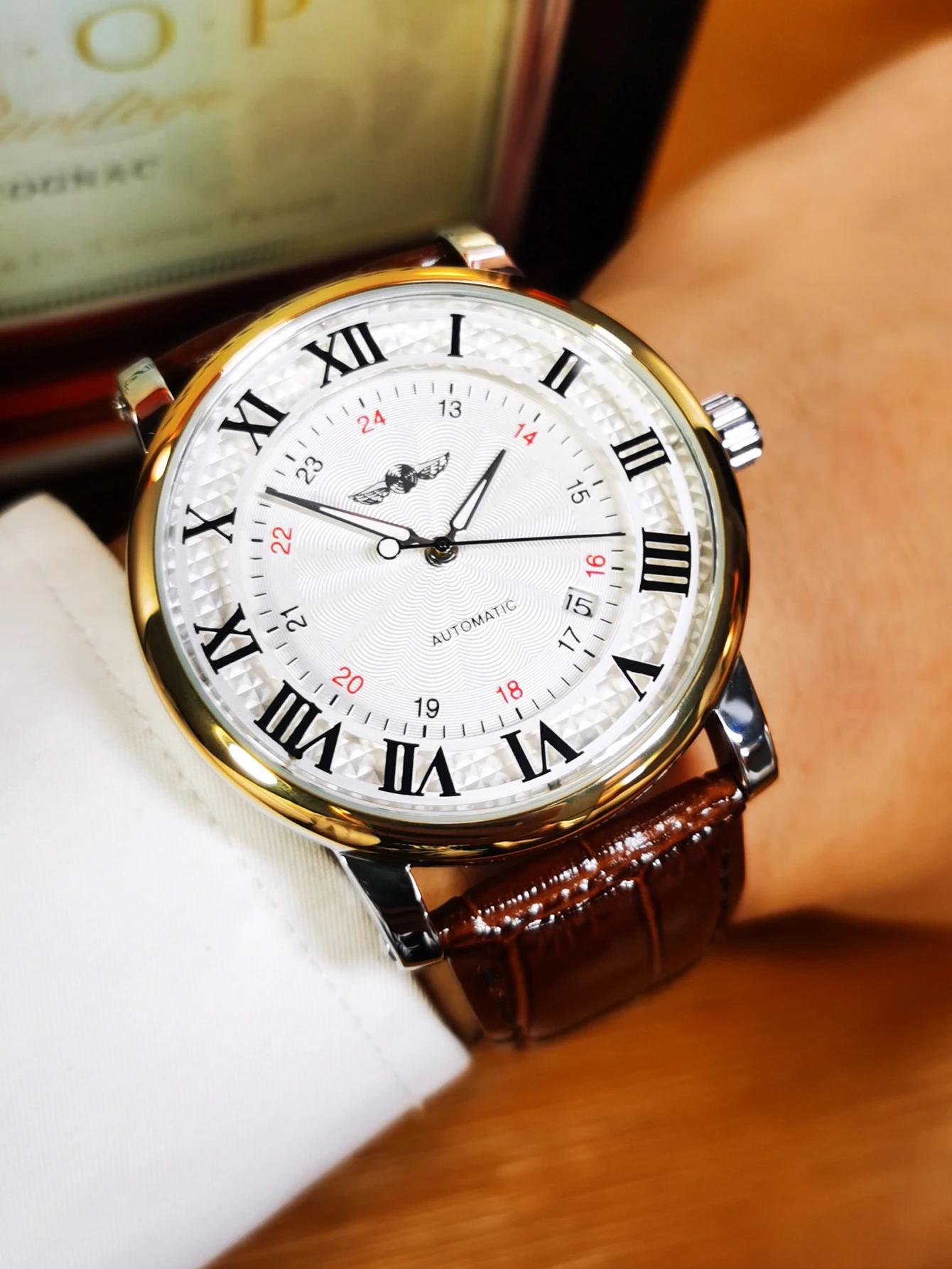 WINNER Herren Automatikuhr – Mechanische Armbanduhr mit Datumsanzeige, Minimalistisches Design, Braun Lederarmband