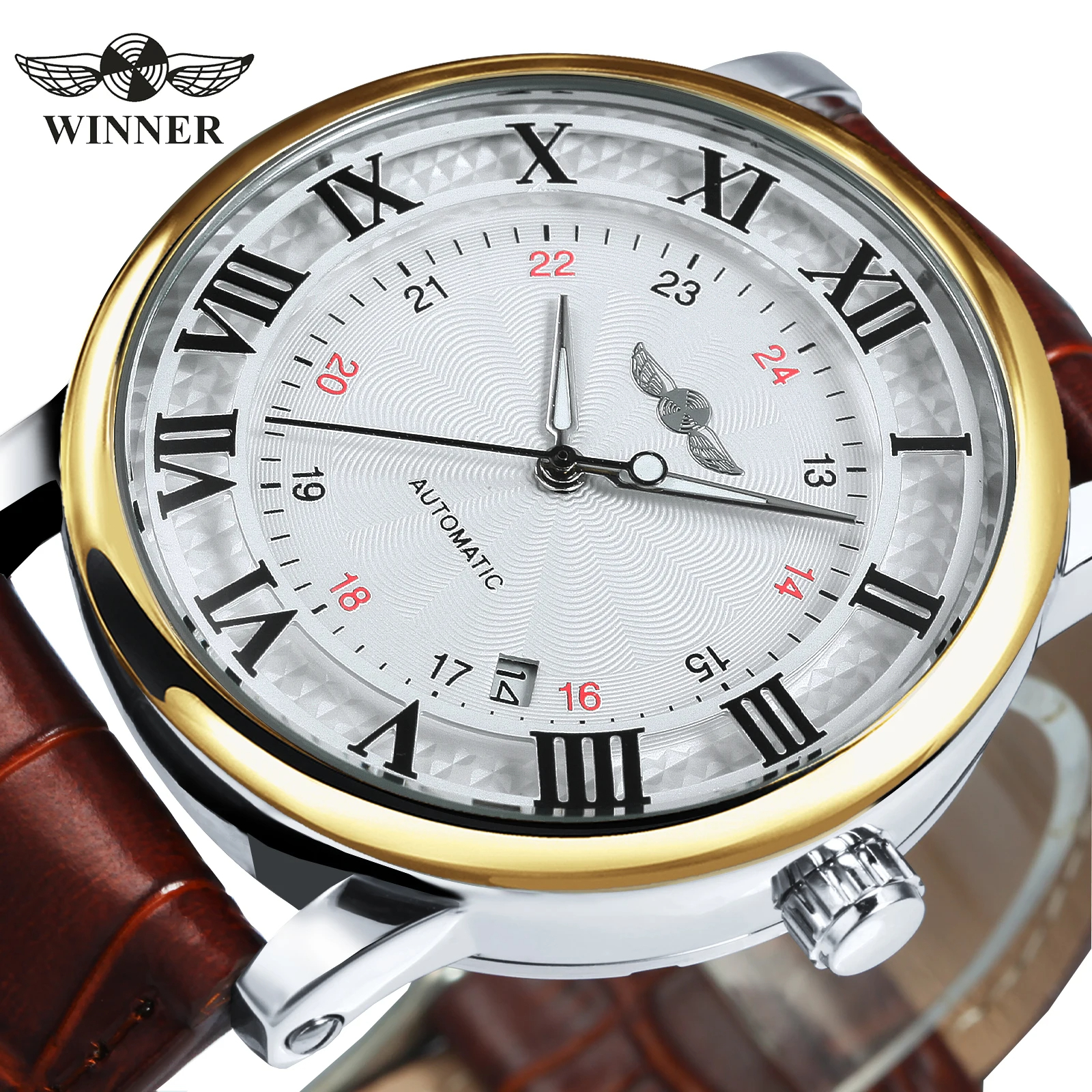 WINNER Herren Automatikuhr – Mechanische Armbanduhr mit Datumsanzeige, Minimalistisches Design, Braun Lederarmband